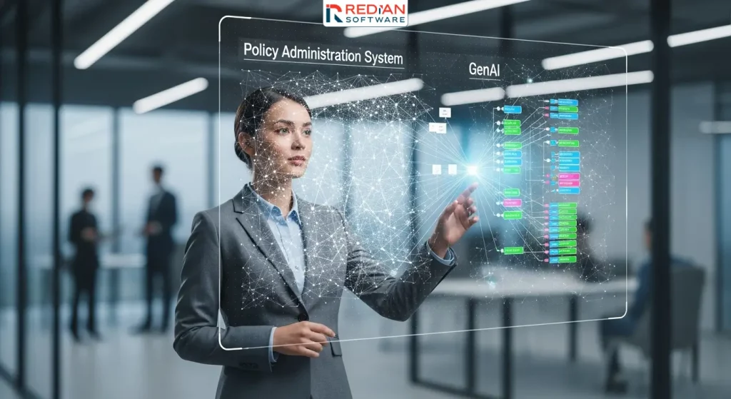 Illustration of GenAI transforming legacy policy administration systems with automation and AI-driven insights