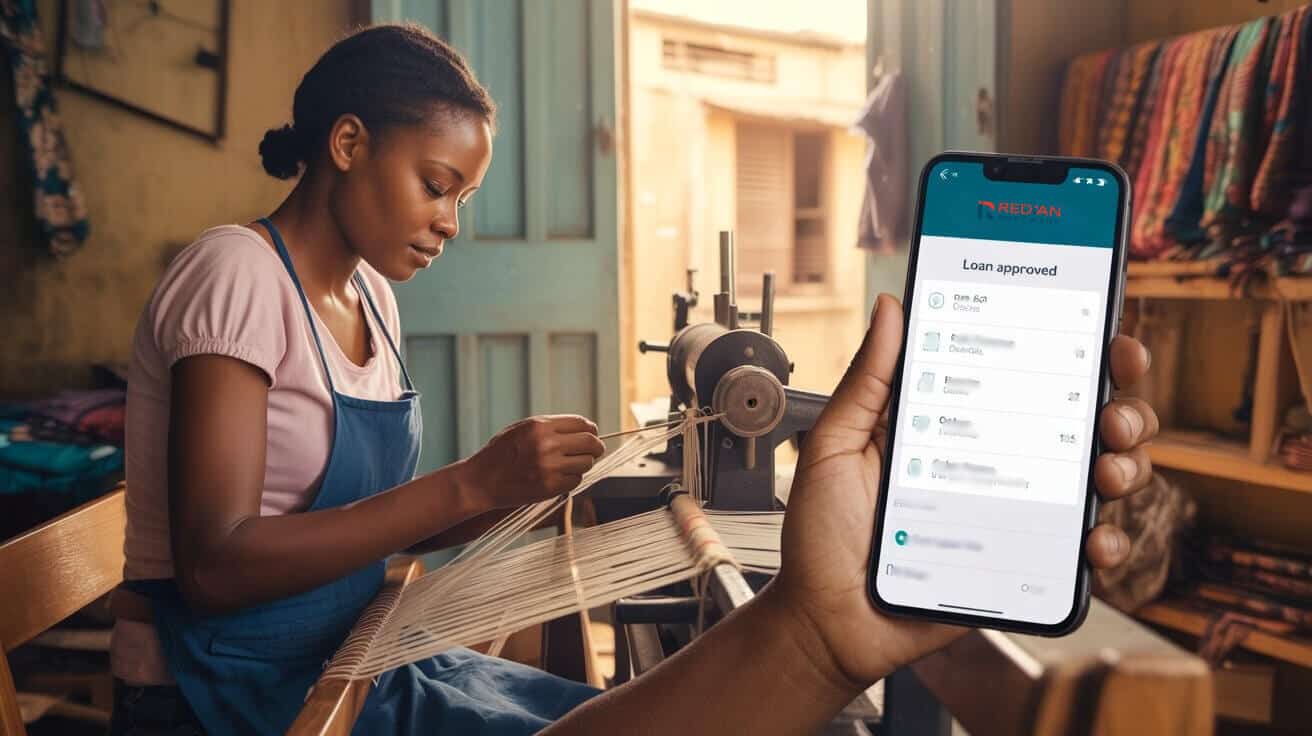 A close-up of a hand holding a smartphone displaying a digital loan platform interface, with diverse African individuals in the background, symbolizing Redian Software's digital lending platforms empowering financial inclusion in Africa.