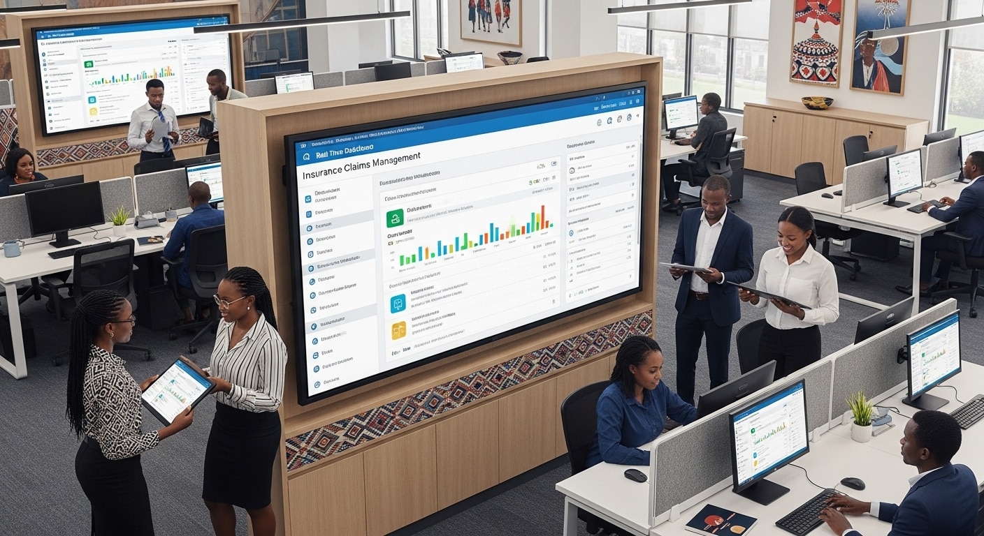 Professional implementation of insurance claims management software showing Redian Software consultants training Kenyan insurance staff on claims processing system features and workflow optimization