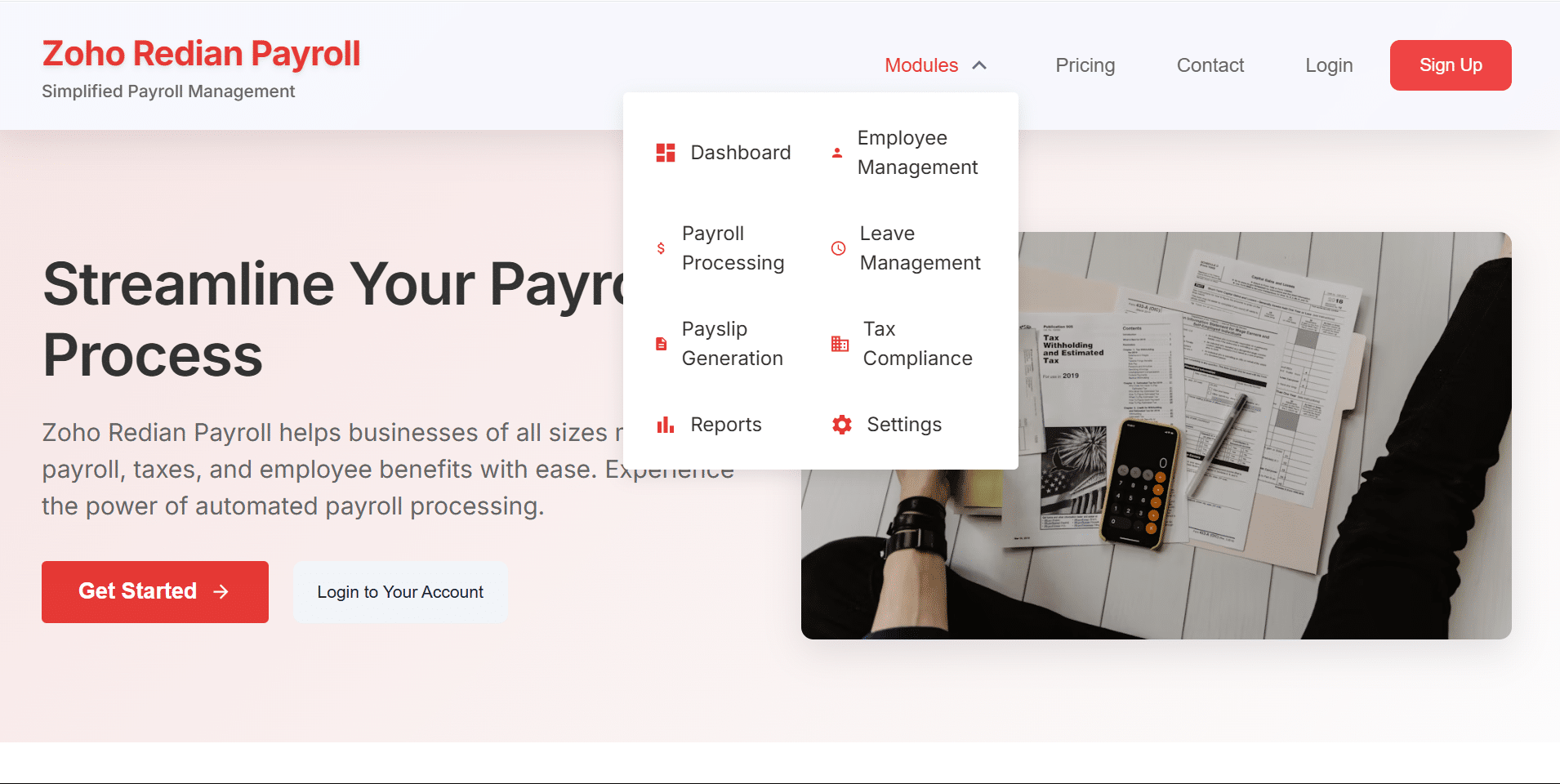 Redian Software's Zoho Payroll interface displayed at Zoholics Kenya, showcasing payroll trends and tax reports.
