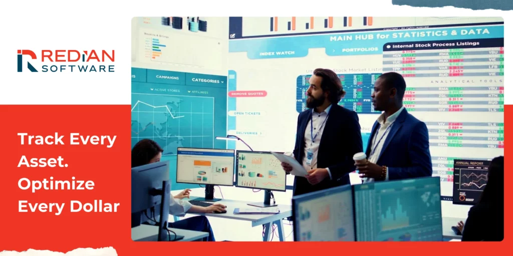 Redian Software asset management software ROI dashboard displaying cost savings from AI-powered inventory tracking, predictive maintenance, and automated asset optimization