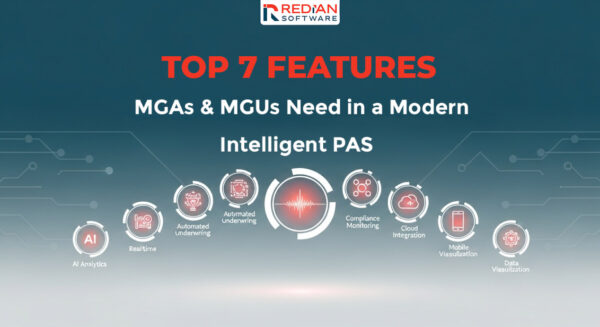 Intelligent policy administration system architecture diagram showing key features for managing general agents and underwriters including AI underwriting, compliance automation, and multi-carrier integration capabilities