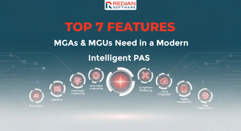 Intelligent policy administration system architecture diagram showing key features for managing general agents and underwriters including AI underwriting, compliance automation, and multi-carrier integration capabilities