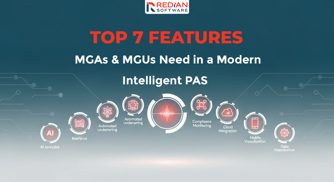 Intelligent policy administration system architecture diagram showing key features for managing general agents and underwriters including AI underwriting, compliance automation, and multi-carrier integration capabilities