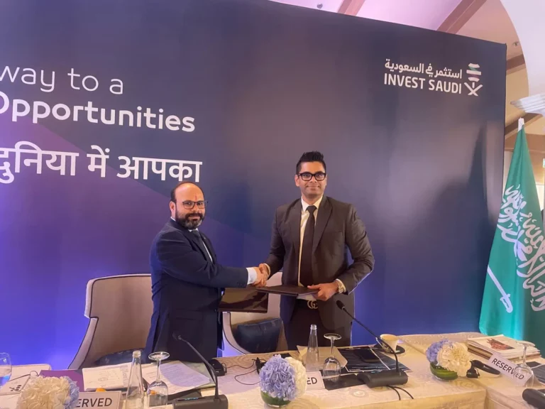 Saudi Arabia and India technology partnership ceremony showing Redian Software and Noha Alwosta executives signing strategic MoU with Saudi delegation officials present during ministerial visit to New Delhi