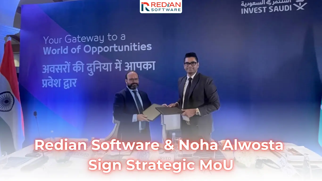 Redian Software CEO Pavan Verma and Noha Alwosta CEO Saajan Lathif signing strategic Memorandum of Understanding during Saudi Arabia ministerial delegation visit to India November 2025