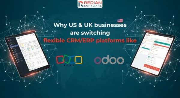 Infographic US UK businesses switching to Zoho Odoo flexible CRM ERP platforms showing cost savings modern solutions SMEs