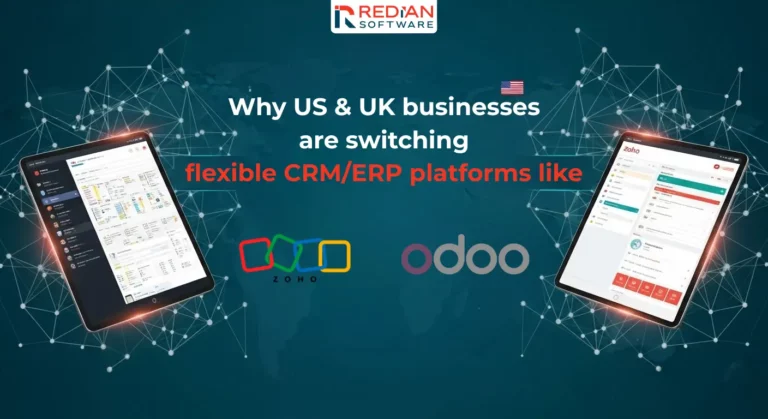 Infographic US UK businesses switching to Zoho Odoo flexible CRM ERP platforms showing cost savings modern solutions SMEs
