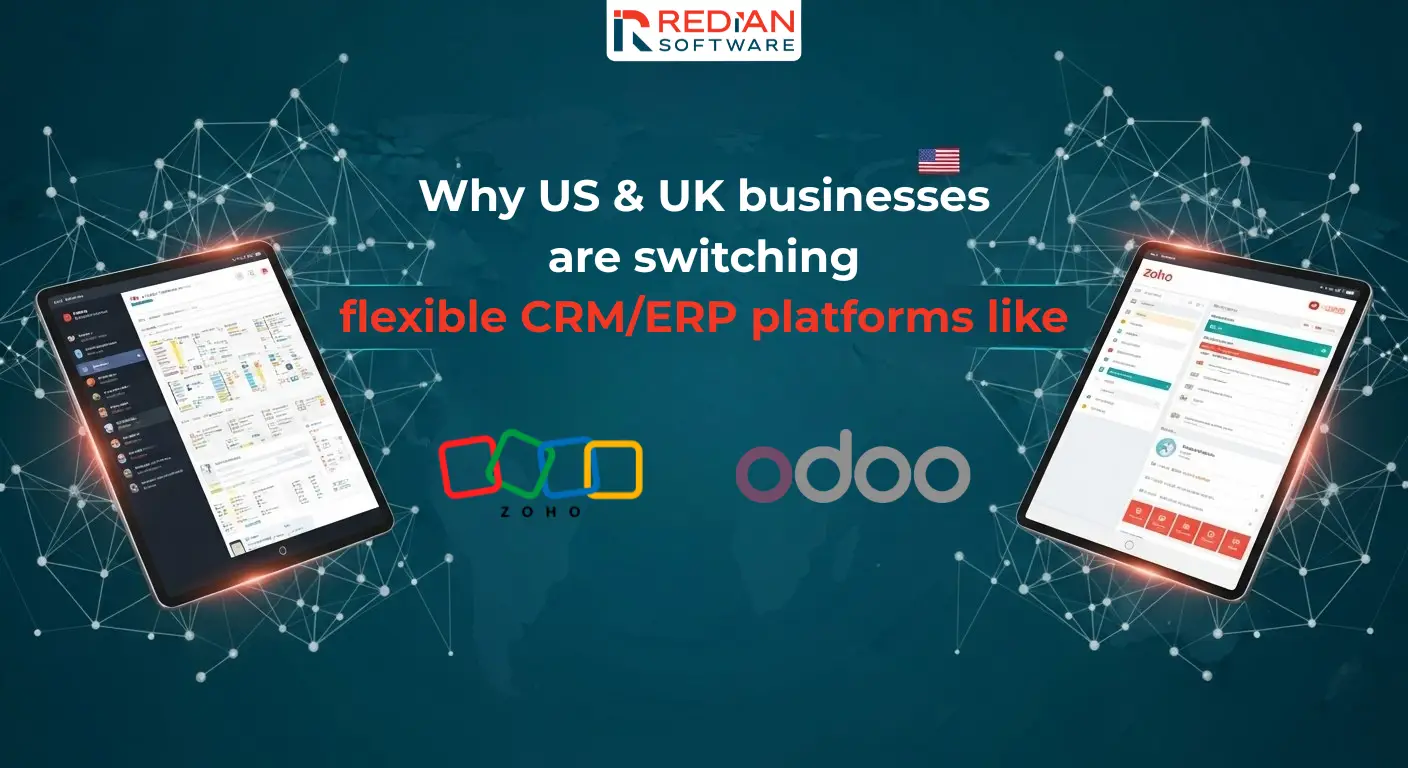 Infographic US UK businesses switching to Zoho Odoo flexible CRM ERP platforms showing cost savings modern solutions SMEs