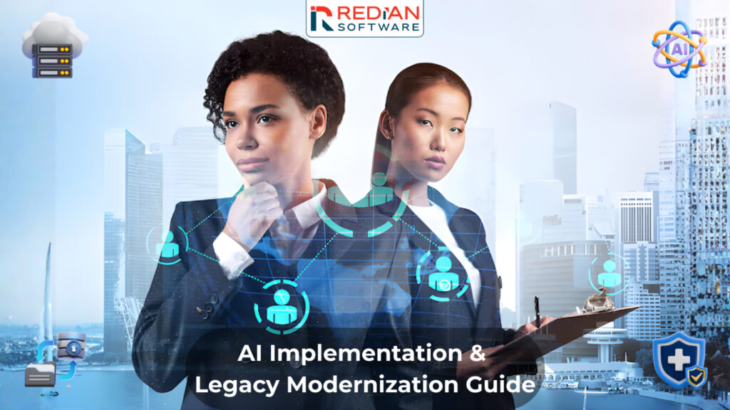 Insurance digital transformation priorities 2026 infographic showing AI implementation and legacy modernization by Redian Software