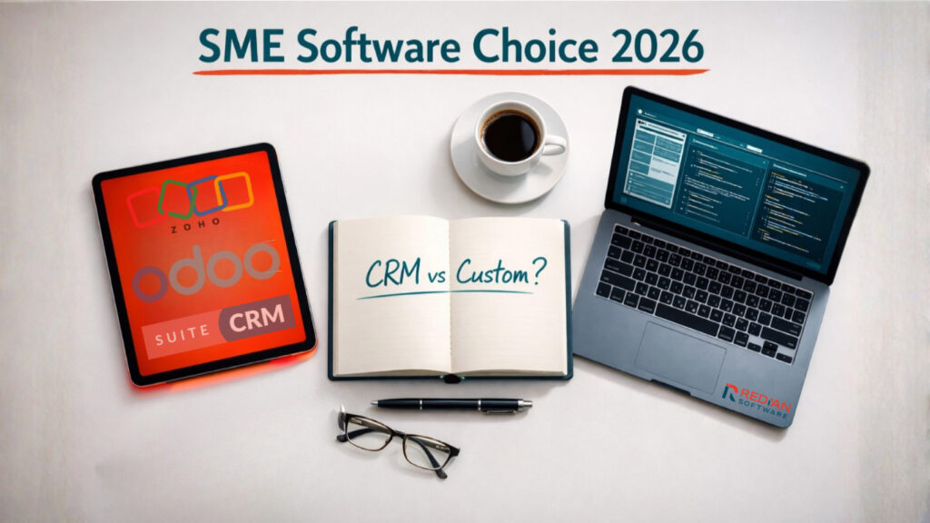 CRM vs custom software comparison chart showing Zoho CRM, Odoo ERP, and SuiteCRM features, costs, and scalability for SMEs 2026 decision framework