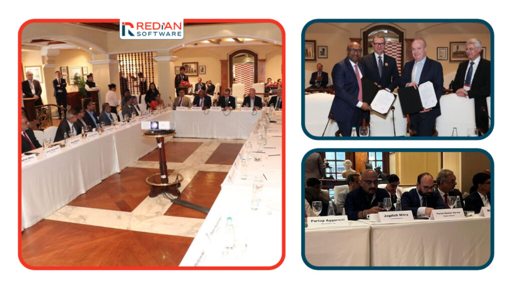 Redian Software CEO Pavan Verma seated beside Finland Prime Minister Petteri Orpo during NASSCOM AI Impact Summit New Delhi 2026 roundtable discussion on Finland India AI collaboration with NASSCOM leaders Rajesh Nambiar and Shivendra Singh