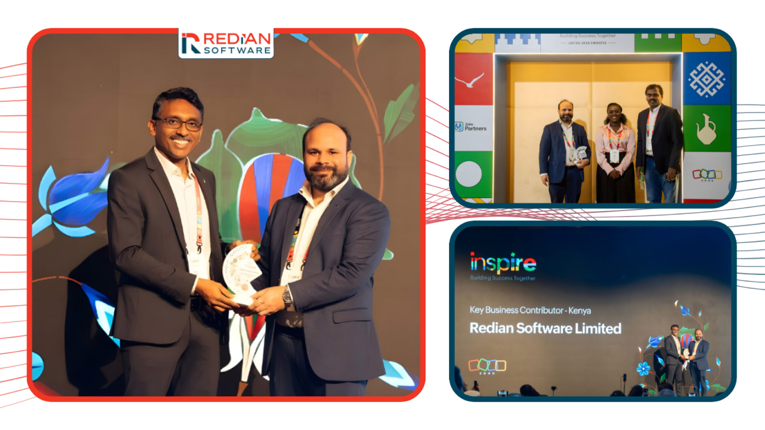 Redian Software team accepting Zoho Key Business Contributor award certificate on stage at Zoho Inspire MEA 2026 event in Dubai with Zoho executives