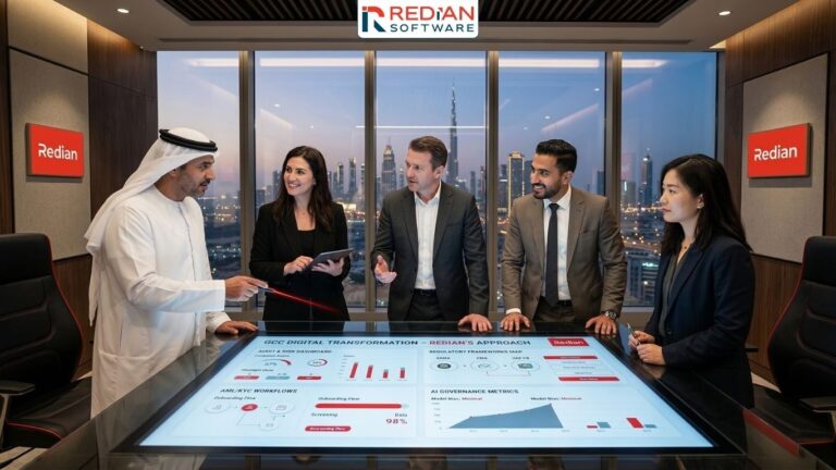 Professional business meeting in Dubai conference room with Redian Software's GCC digital transformation dashboard displaying regulatory compliance metrics, AML KYC workflows, and AI governance data visualizations for banking and fintech.
