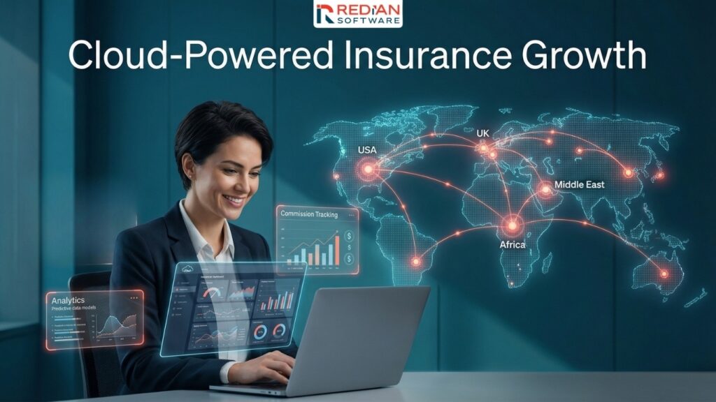 Insurance broker management system dashboard showing AI-powered analytics and policy lifecycle management for revenue growth by Redian Software