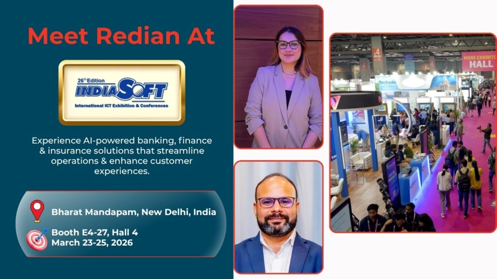 Redian Software custom software development company showcasing banking insurance software and AI-powered digital transformation solutions at IndiaSoft 2026 exhibition