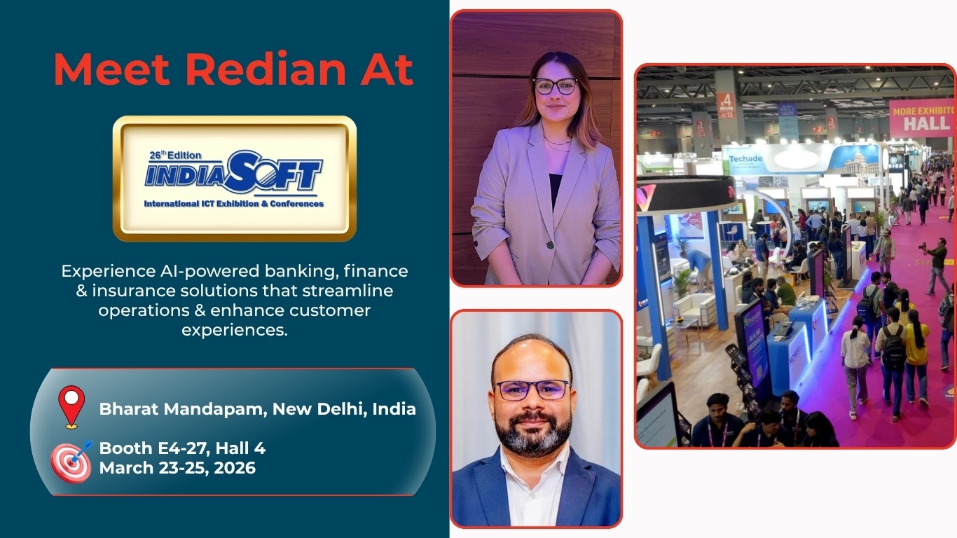 Redian Software custom software development company showcasing banking insurance software and AI-powered digital transformation solutions at IndiaSoft 2026 exhibition