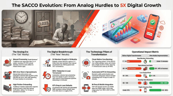 Infographic by Redian Software showing SACCO management system driving 5X member growth in Kenya credit unions through digital-first operations with automated onboarding, core banking system for SACCOs, instant loan processing, and mobile banking for SACCOs achieving 70% adoption in 18 months