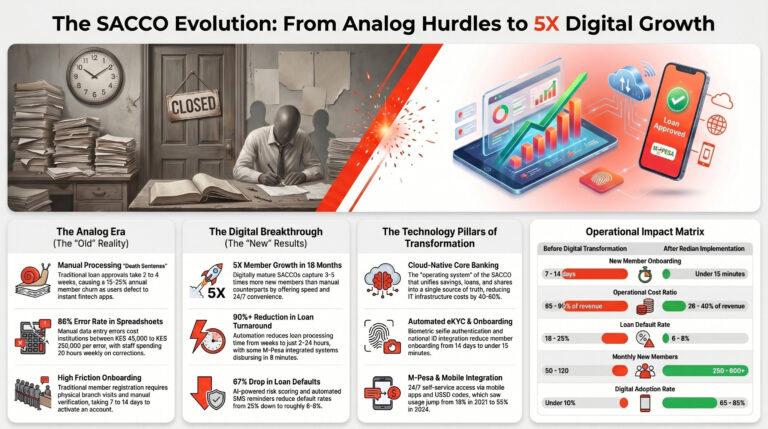 Infographic by Redian Software showing SACCO management system driving 5X member growth in Kenya credit unions through digital-first operations with automated onboarding, core banking system for SACCOs, instant loan processing, and mobile banking for SACCOs achieving 70% adoption in 18 months
